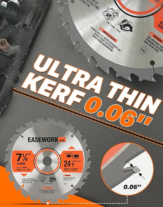 EASEWORK 7-1/4 Inch Circular Saw Blade, 24T, 40T, 60T, 5/8" Arbor, ATB Carbide Teeth, 3-Pack, Ideal for Softwood & Hardwood Crosscutting, Fits DEWALT DCS570B, DCS577B, DWA171424, Diablo D0740A