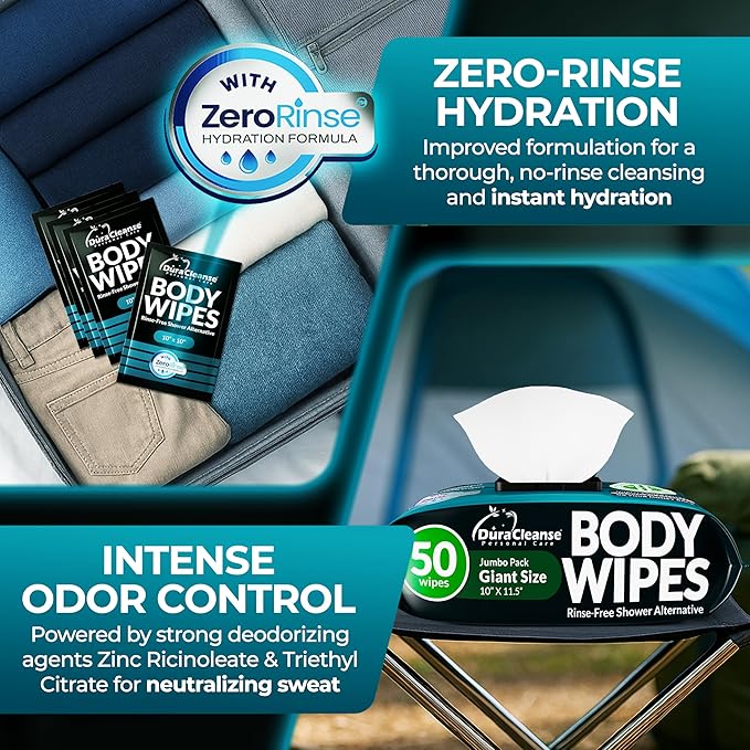 Body Wipes for Men (2pk) - 100 XL No Rinse Shower Sheets + 8 Travel Bath Wipes - 9"x12" After Gym Adult Washcloths - Mens Deodorant & Face Towels For Camping Essentials, Survival Gear and Supplies