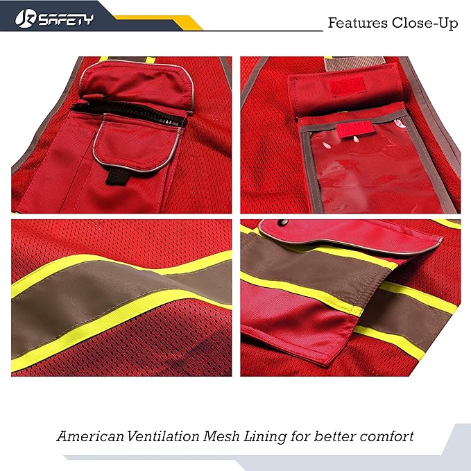JKSafety 9 Pockets Hi-Vis Neon Red Zipper Front MESH Safety Vest with Fluorescent Yellow Extend Edge outlining the Reflective Tapes Meet ANSI/ISEA Class 2 Standard (100-Red, 5X-Large)