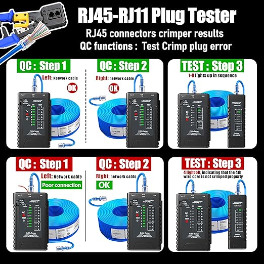 NF-468CS Network Cable Tester,RJ45/RJ11/CAT5/CAT6/CAT5E/CAT6A/ CAT7/POE Test UTP/STP Continuity Tester Ethernet Cable Mapper Phone Line CAT3, Ethernet Cable Tester, LAN Cable Test Network Tools