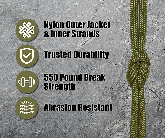 BORED? PARACORD! 550 lb Paracord - Ideal for Crafting, Camping, DIY Projects, Active & Military Outdoors - Strong Survival Rope - Tactical Parachute Cord Type III - Moss 50 Feet