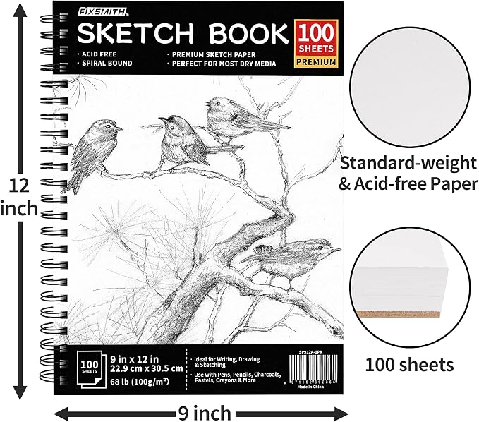 FIXSMITH 9"X12" Sketch Book | 200 Sheets Sketchbook| 2 Pack |Acid Free Drawing - Image 3