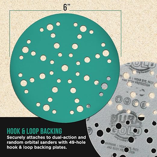Dura-Gold Premium 320 Grit 6" Green Film Sanding Discs, 49-Hole Pattern, Box of 50 - Heavy-Duty Dustless Hook & Loop Backing Sandpaper for DA & Random Orbital Sanders, Sand Auto Paint, Wood Furniture