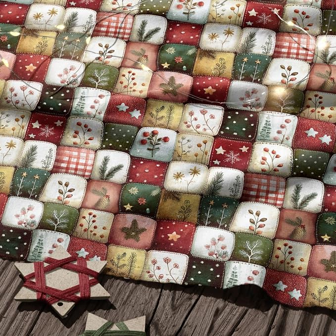 Patchwork Cotton Fabric Panel 61 x 36.6 Inches, Christmas Botanical Squares - Image 8