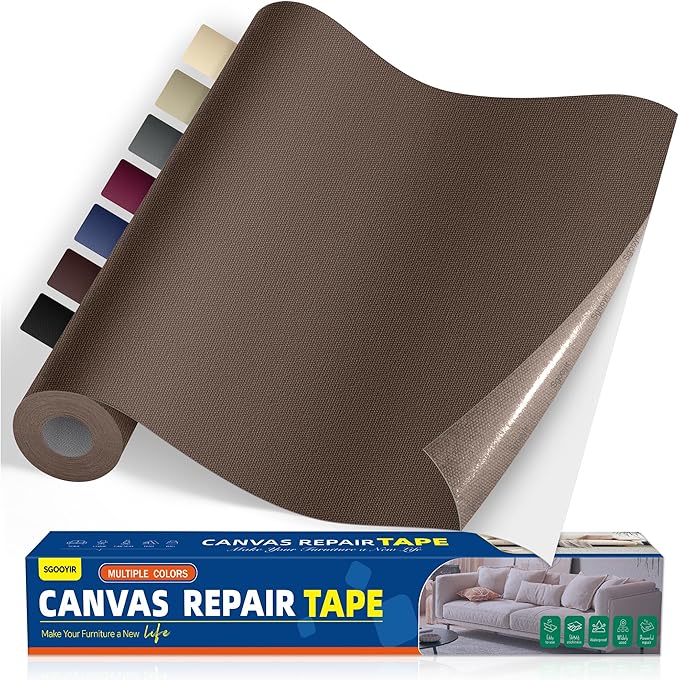 Self-Adhesive Canvas Repair Tape, 16" x 40" Waterproof Canvas Repair Patch, Fabric Patch Repairs Kit for Furniture, Tents, Sunbrellas, Boat Covers Awnings, Couches, Clothes, Bags Darker Brown