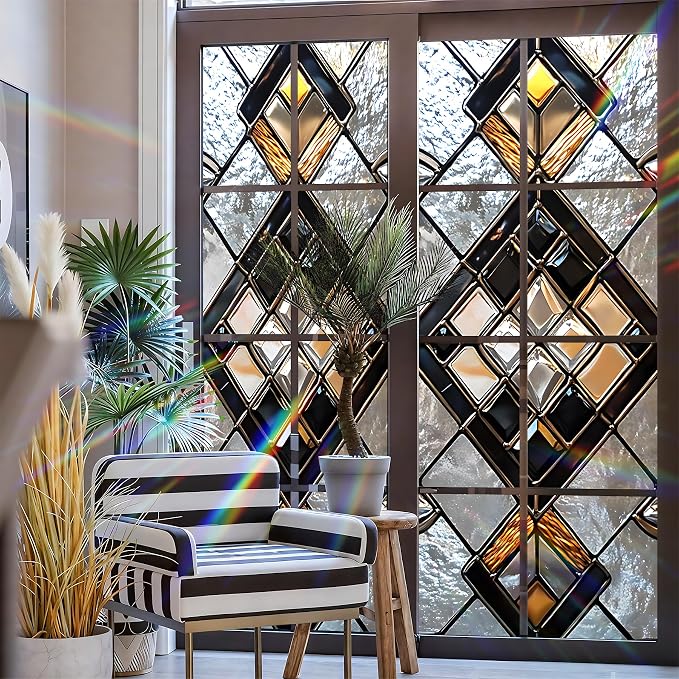 Stained Glass Window Privacy Film: Non-Adhesive Sun and Landscape Mosaic Design - Image 3