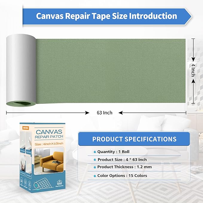 KING MOUNTAIN Canvas Repair Tape,Outdoor Gear Patch, 4×63 Inches,Waterproof,Self-Adhesive for Repairing Boat Covers,Sun Shades,Sofas,Tents,Lounge Chairs,Awnings (Grass Green)