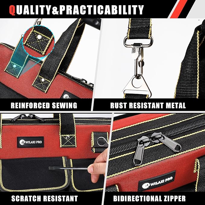 17 in Tool Bag For Men with Waterproof Molded Base, High Capacity Wide Mouth Tote, Construction Worker Electricians Tool Bags, Large Tool Bag Organizer for Men Women (Red)