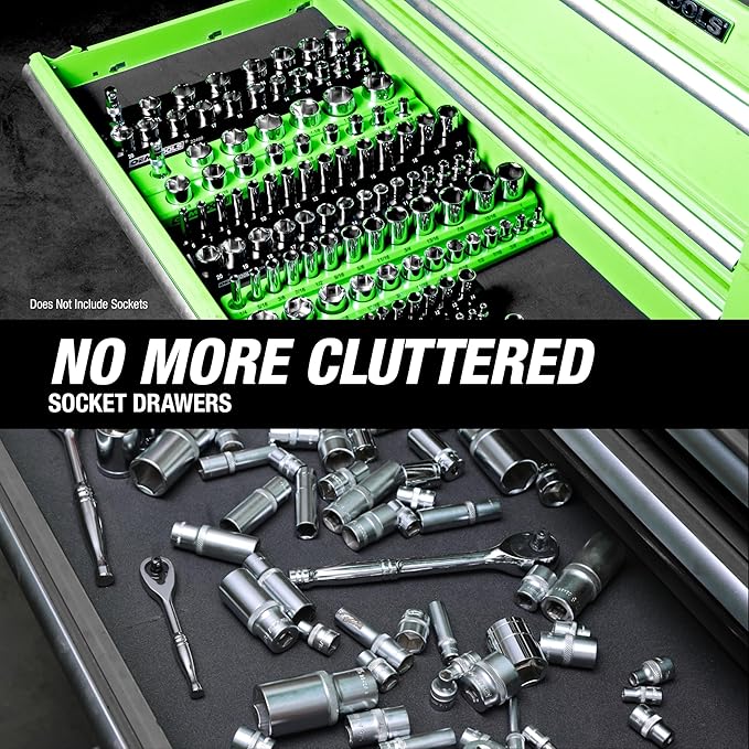 OEMTOOLS 22488 6 Pack Set Metric and SAE Magnetic Socket Tray Set, Black and Green Socket Organizers, 1/4, 3/8, 1/2 Inch Drive Socket Organizer Tray Set