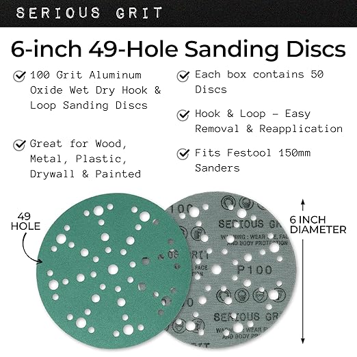 6-Inch 49-Hole 100 Grit Sanding Discs - Heavy-Duty Hook & Loop Film Discs - Sandpaper for Random Orbital Sanders - 50 Pack Box