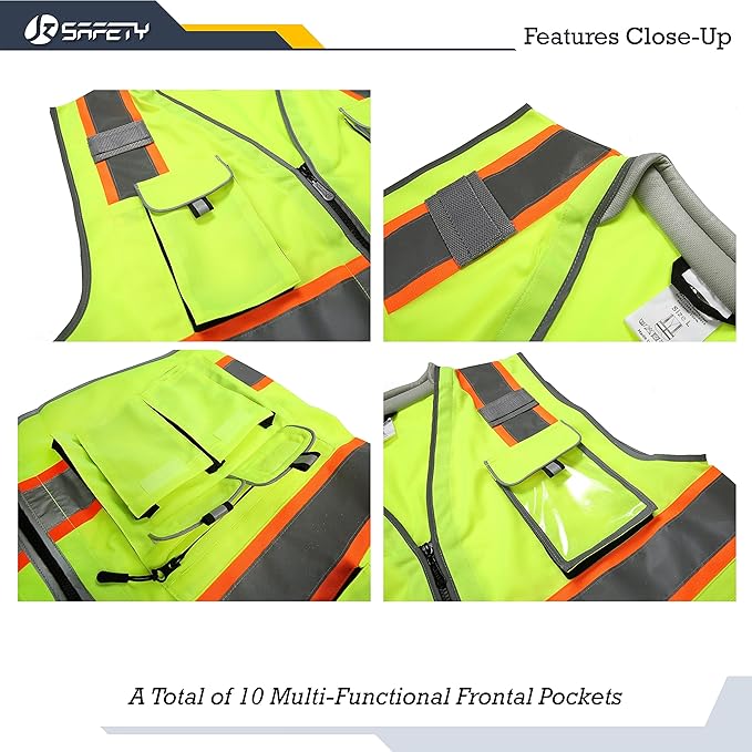 JKSafety 10 Pockets Class 2 Hi-Vis Zipper Front Safety Vest | Cushioned Collar | High Reflective Tapes with Extended Neon Orange Strips | Meets ANSI/ISEA Standards (3X-Large, 89-Yellow)