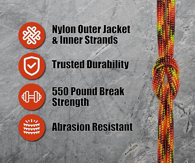 BORED? PARACORD! 550 lb Paracord - Ideal for Crafting, Camping, DIY Projects, Active & Military Outdoors - Strong Survival Rope - Tactical Parachute Cord Type III - Fireball 250 Feet