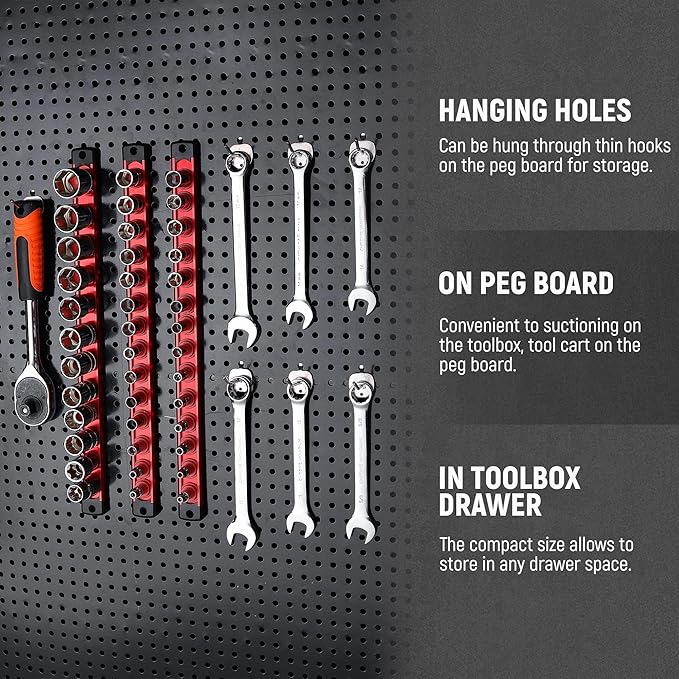 ALOANES Magnetic Socket Organizer, 1/2-Inch Drive Aluminum Socket Holder Socket Tray, Heavy Duty Socket Rail Organizer for Tool Box Drawer, 360°Swivel Clips Socket Rack 1/2-Inch x 12 Clips (Red)