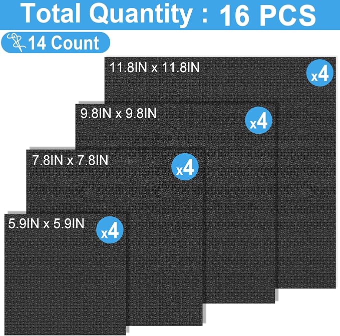 MYFAMIREA 16PCS Cross Stitch Fabric, 4 Sizes Black Aida Cloth 14 Count Craft - Image 2