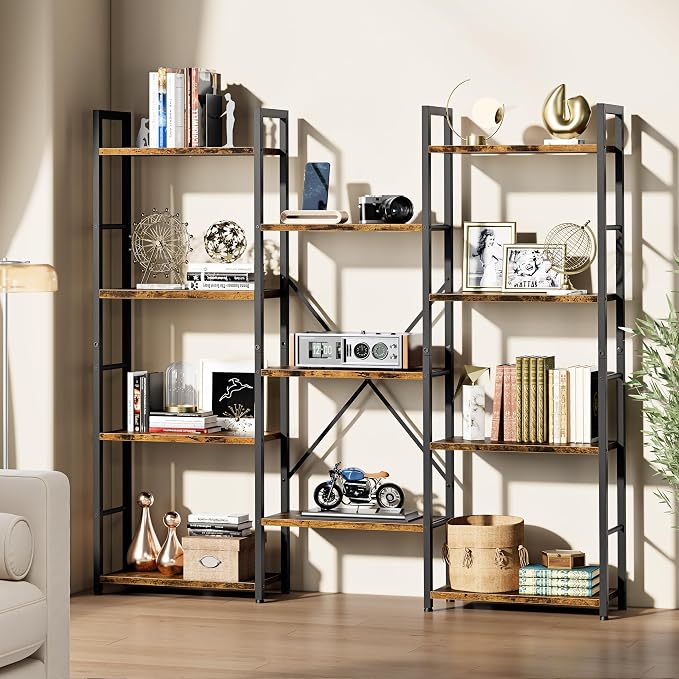 Shintenchi Triple Column 4 Tier Bookshelf, Industrial Large Bookcase Display - Image 2
