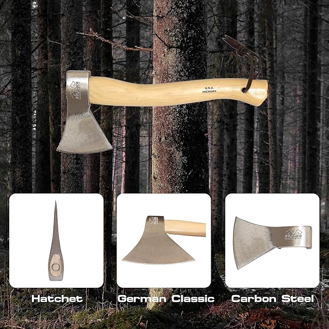 Prandi Axes German Style C45 Forged Carbon Steel Hatchet - Hickory Handle with Leather String - Lightweight Axe for Camping, Chopping, and Cutting - S/N 3.003.06.CH - 14.17" L x 5.90" W, No Sheath