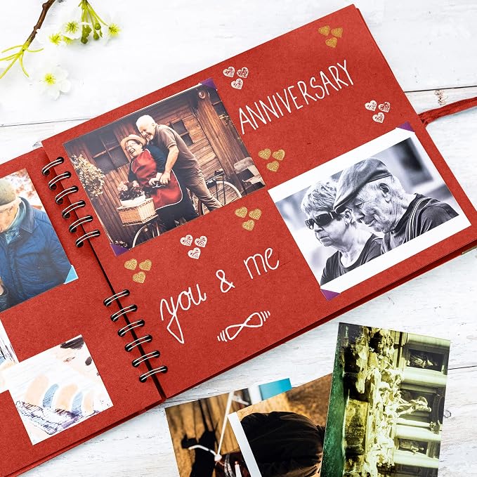 Bstorify Square Scrapbook Photo Albums 50 Pages Red Thick Paper, Ribbon Closure - Image 6
