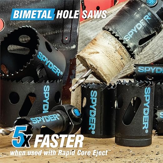 Spyder 11-Piece Bi-Metal Hole Saw Kit, 7 Hole Saws, Hex8 and Hex10 HSS Pilot Bits, and Hex8 and Hex10 Arbors, Rapid Core Eject Arbor System