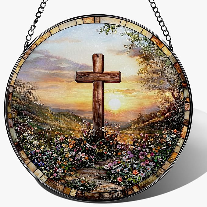 8 Inches Cross Sunset Stained Glass Suncatcher, Christmas Ornament, Window by Unknown