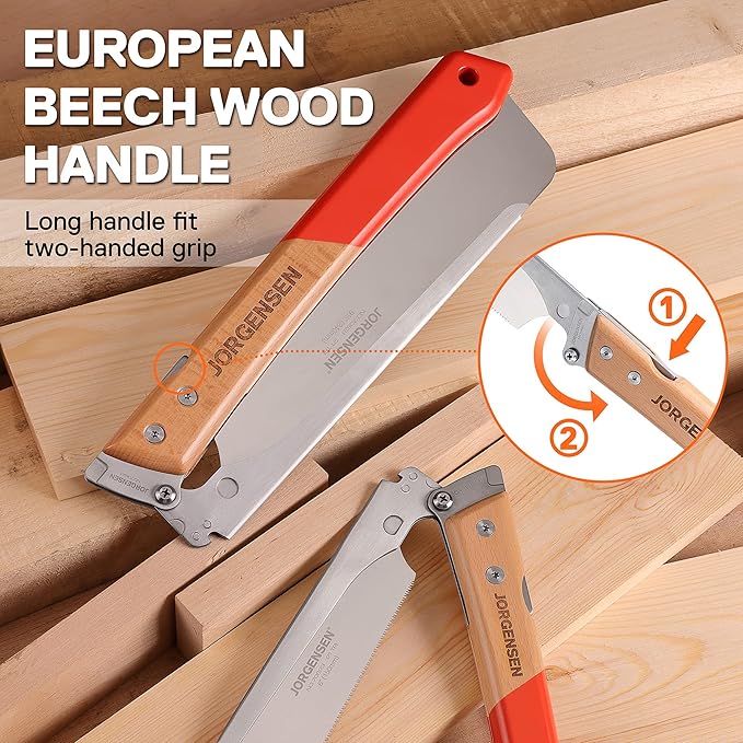 JORGENSEN Japanese Pull Saw, 9.5 Inch Pro Folding Dovetail Saw with Beech Wood Long handle, SK5 Steel Blade Tool-less Quick Change, 21TPI Cross Cut Woodworking Handsaw for Hardwood, Softwood