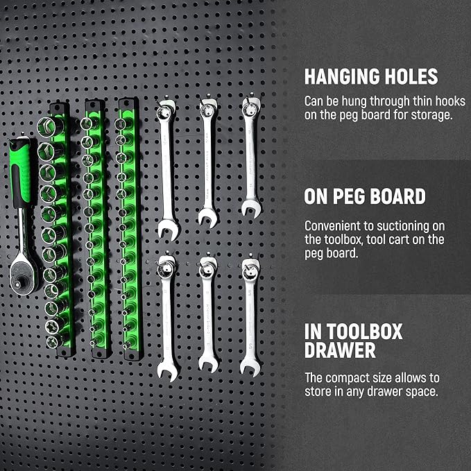 ALOANES Magnetic Socket Organizer, 1/2-Inch Drive Aluminum Socket Holder Socket Tray, Heavy Duty Socket Rail Organizer for Tool Box Drawer, 360°Swivel Clips Socket Rack 1/2-Inch x 12 Clips (Green)