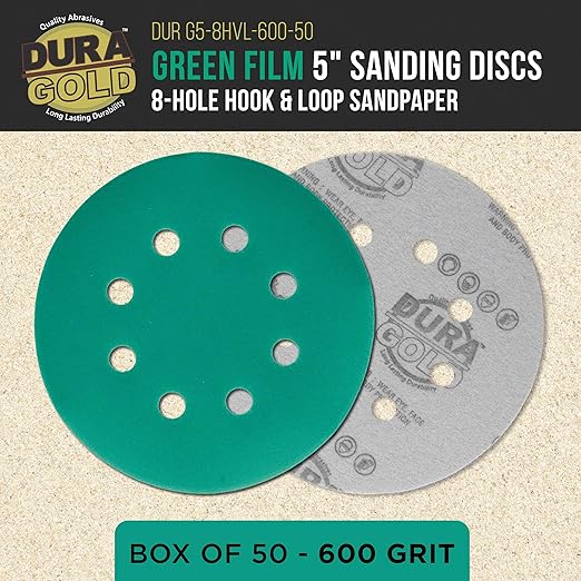 Dura-Gold Premium 600 Grit 5" Green Film Sanding Discs, 8-Hole Pattern, Box of 50 - Dustless Hook & Loop Backing Sandpaper for DA & Random Orbital Sanders, Sand Automotive Paint Woodworking Furniture