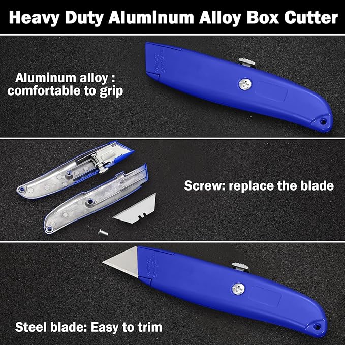 Lasnten 12 Pcs Box Cutter Bulk Retractable Utility Knife Heavy Duty Aluminum Alloy Carpet Knife Package Opener Cutter Blade for Cardboard Plastics Cartons DIY Home Warehouse Office(Blue)
