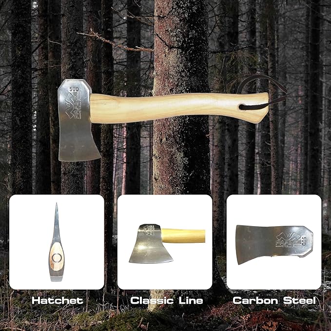 Prandi Axes Camping C45 Forged Carbon Steel Hatchet - Hickory Handle with Leather String - Ideal for Camping, Travel and Bushcraft - S/N 3.051.05.CH - 13" L x 5.22" W, 500g Polished Head, No Sheath