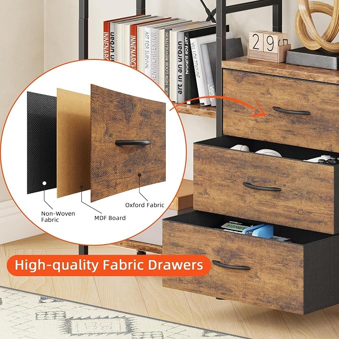AFLUI Triple Bookshelf with 3 Fabric Drawers, 4-Tier Book Shelf and 10 Display - Image 4