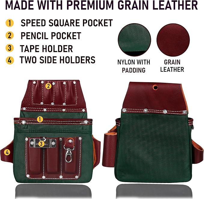 FUERI Nylon Leather Tool Belt Supender for Men Heavy Duty 26 Pocket Tools Bags Pouches Holder Organizer for Carpenter Construction (Maroon & Green Tool Belt Suspender, Medium 30" - 36")