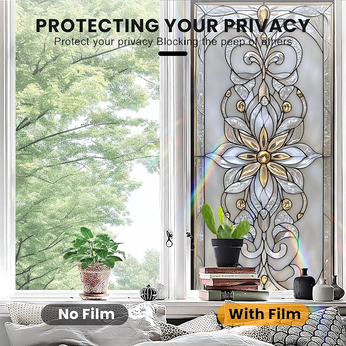 Stained Glass Window Privacy Film: Non-Adhesive Sun and Landscape Mosaic Design - Image 5