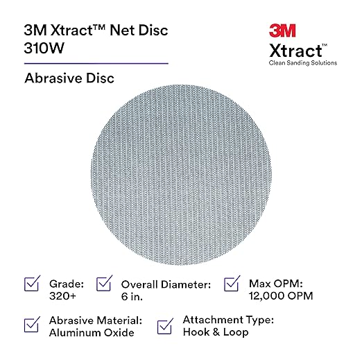 3M Xtract Net Disc 310W, 320+, 6 in, Die 600Z, Pack of 50 Hook and Loop Sanding Discs, Virtually Dust-Free, Value Option for Metal, Wood, Composites, Stock Removal, and Fine Finishing