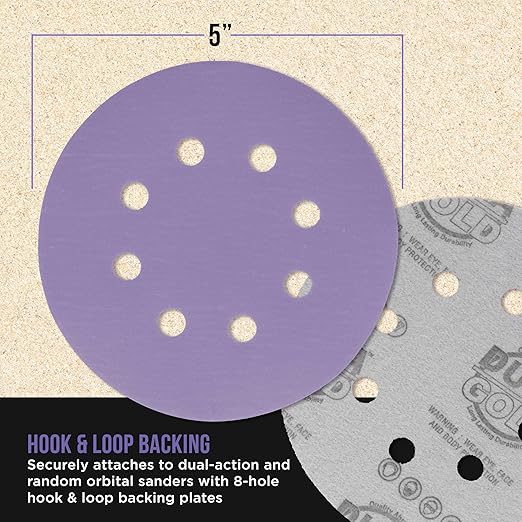 Dura-Gold Premium 1500 Grit 5" Purple Film Ceramic Sanding Discs, 8-Hole Pattern, Box of 50 - Dustless Hook & Loop Backing Sandpaper for DA & Random Orbital Sanders - Detail Color Sand Auto Paint Wood