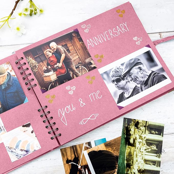Bstorify Square Scrapbook Photo Albums 50 Pages Pink Thick Paper, Ribbon Closure - Image 6