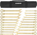 20 Pc. 6-Point SAE, Metric 15° Offset Vintage G-Plating Reversible Non-Slip Long Pattern Ratcheting Combination Wrench Set (5/16" -3/4" & 8-19 mm)