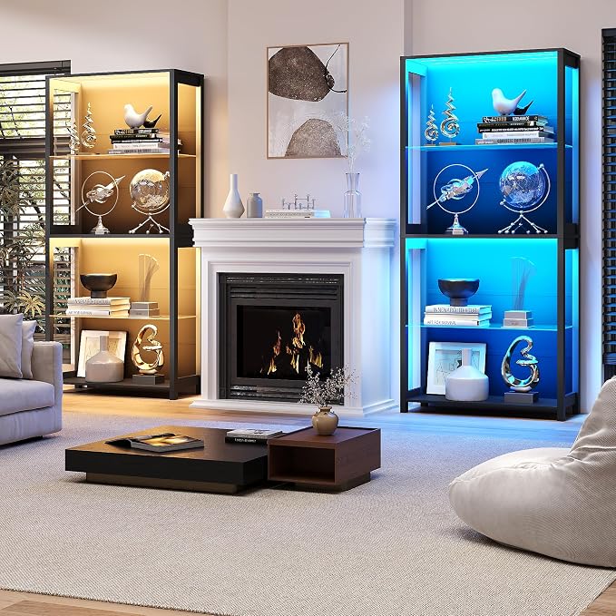 Display Cabinet with Glass Shelves, 4-Tier Display Shelf with LED Lights - Image 8