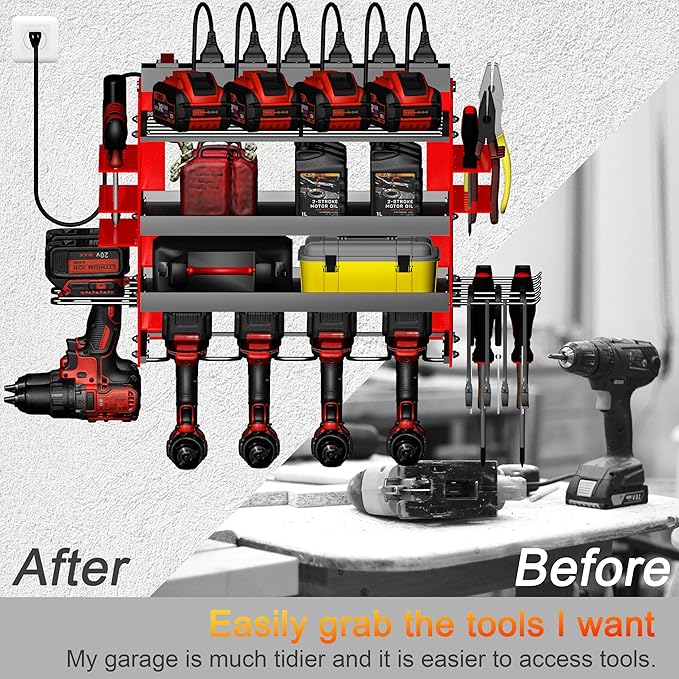 Homecor Power Tool Organizer Wall Mount with Charging Station, 4-Layer Drill Holder Heavy Duty Metal Storage Rack for Garage Organization Drill Storage Shelf, Fathers Day Dad Gifts for Dad Husband