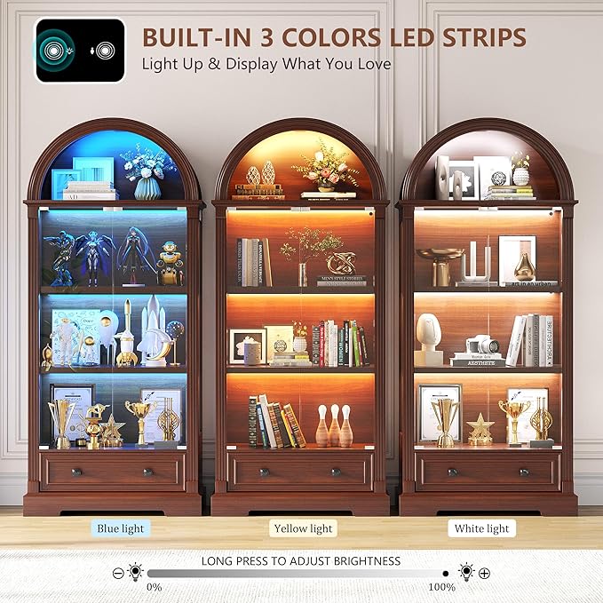 Dystler Curio Cabinet with Glass Doors & LED Lights | 72" Tall, Arched Display - Image 4