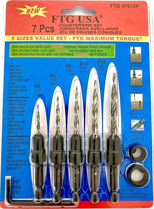 FTG USA Adjustable Wood Countersink Drill Bit Set 5 Pc Countersink Drill Bit #4#6#8#10#12 with Tapered Drill Bit for Woodworking