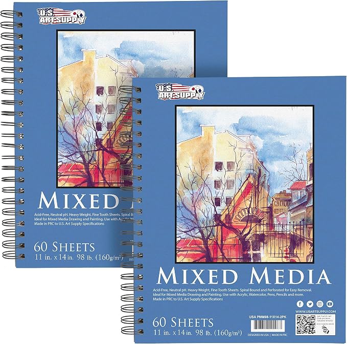 U.S. Art Supply 11"x14" Mixed Media Sketchbook, 2 Pack, 98 lb by USArtSupply