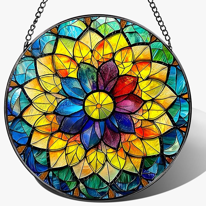 8'' Rainbow Mandala Sun Catcher Ornament, Stained Glass Window Hanging by Unknown