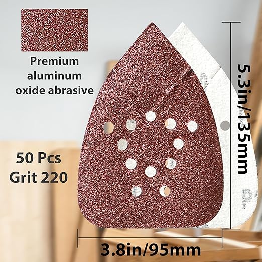 Black and Decker Mouse Sander Pads 220 Grit 50 Pack, Mouse Sander Sandpaper, 12 Hole Hook and Loop Sanding Pads, Detail Palm Sand Paper Set with Tack Cloth by S&F STEAD & FAST