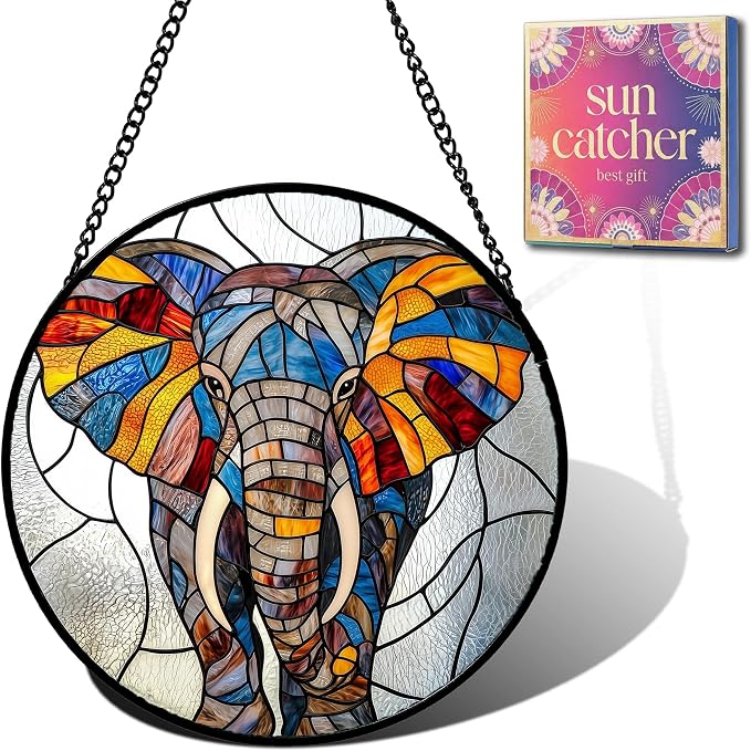 Elephant Acrylic Suncatcher Faux Stained Glass Window Hanging 9.8" | Birthday by Unknown