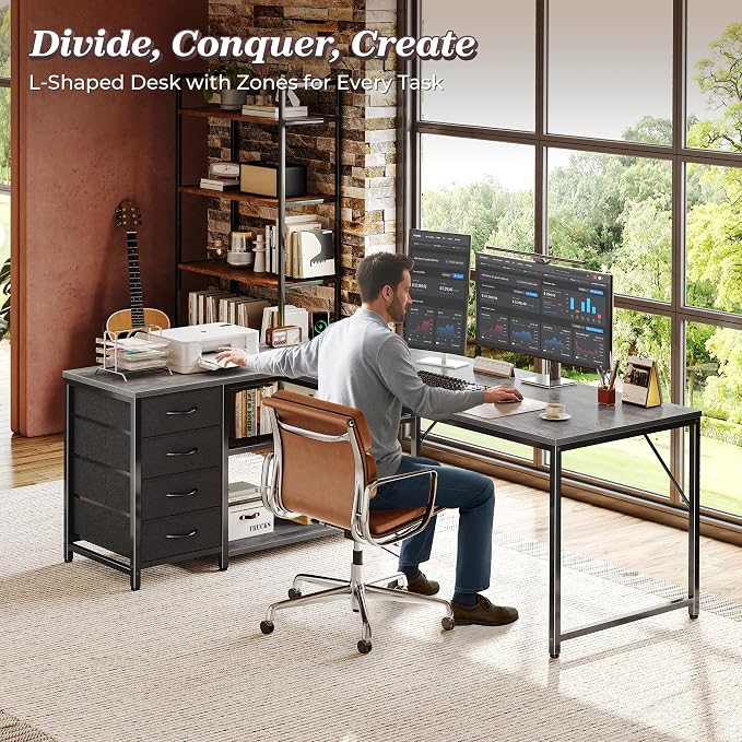 PRAISUN 61" L Shaped Desk with Power Outlets & USB-C Port, Reversible Computer - Image 2