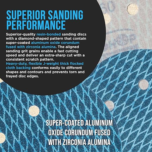 Premium 60 Grit 6" Rhombus Diamond Shape Blue Sanding Discs, 6-Hole, Box of 50 - Hook & Loop Anti-Clogging J-Cloth Dustless Sandpaper for Random Orbital Sanders, Sand Auto Paint, Wood