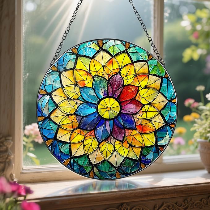8'' Rainbow Mandala Sun Catcher Ornament, Stained Glass Window Hanging - Image 5