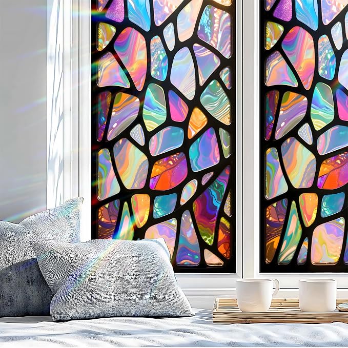 Stained Glass Window Privacy Film: Non-Adhesive Sun and Landscape Mosaic Design - Image 4