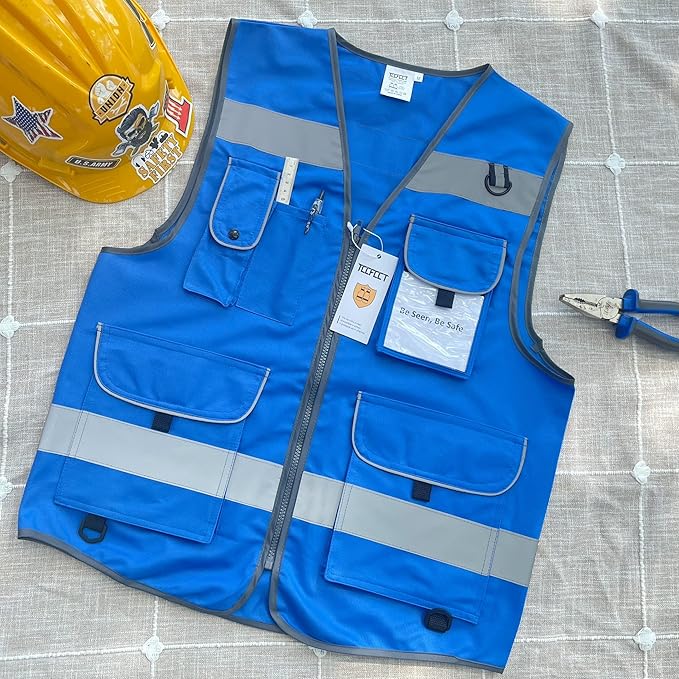TCCFCCT High Visibility Safety Vest for Men Women 9 Pockets Hi Vis Reflective Vest for Safety, Work Vest with Reflective Strips, Meets ANSI/ISEA Standards, (Blue, 5X-Large)