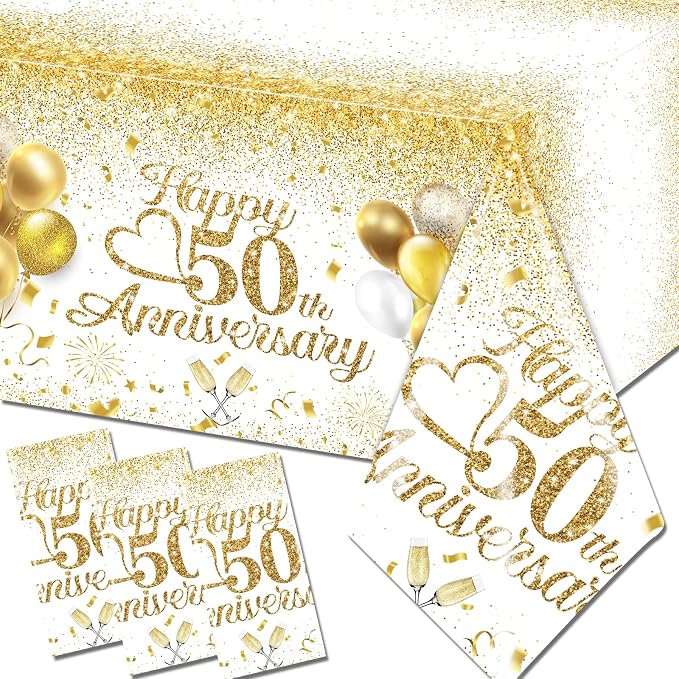 Happy 50th Anniversary Table Cloth, 50 Year Anniversary Decorations 3Pcs White by Dydamud