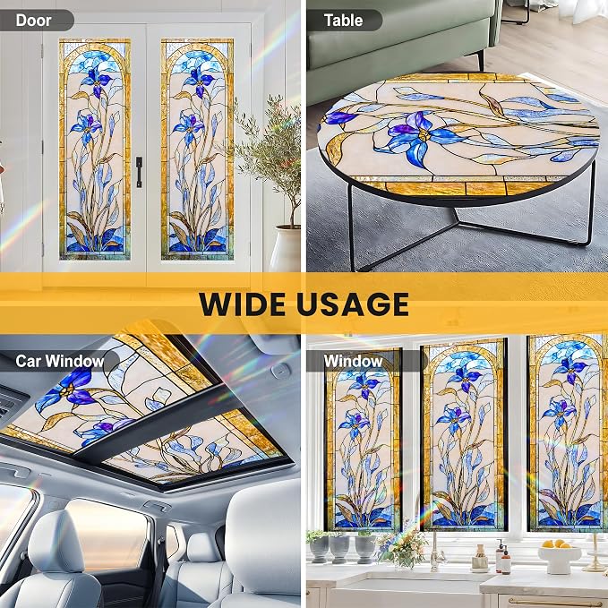 Stained Glass Window Privacy Film: Non-Adhesive Sun and Landscape Mosaic Design - Image 8